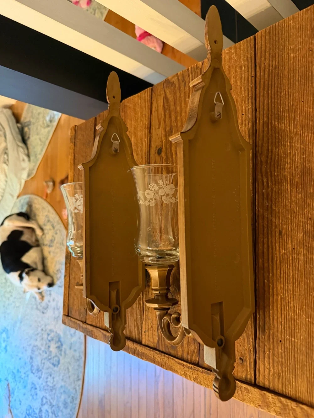 Pair of Vintage BOHO Farmhouse Candle Wall Sconces with Etched Glass Shades